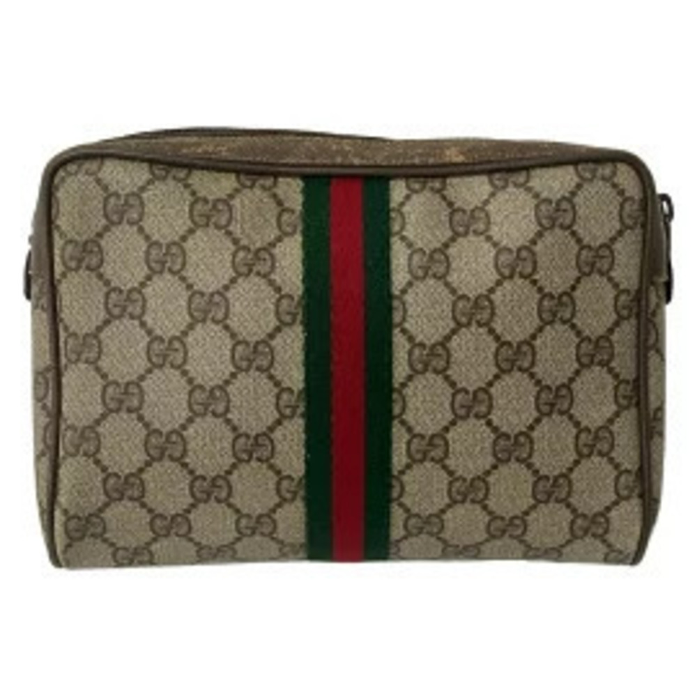 Gucci GG Plus Supreme Sherry Web Pouch Clutch Dark Brown Green Red Leather